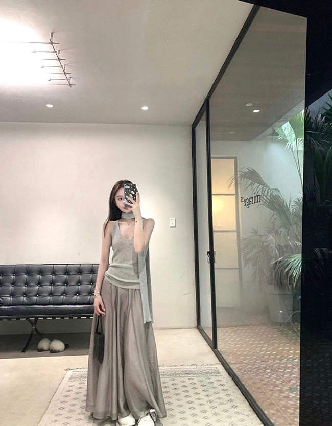 Sat. 翩翩氣質天絲半身裙 清冷御姐v領飄帶針織背心