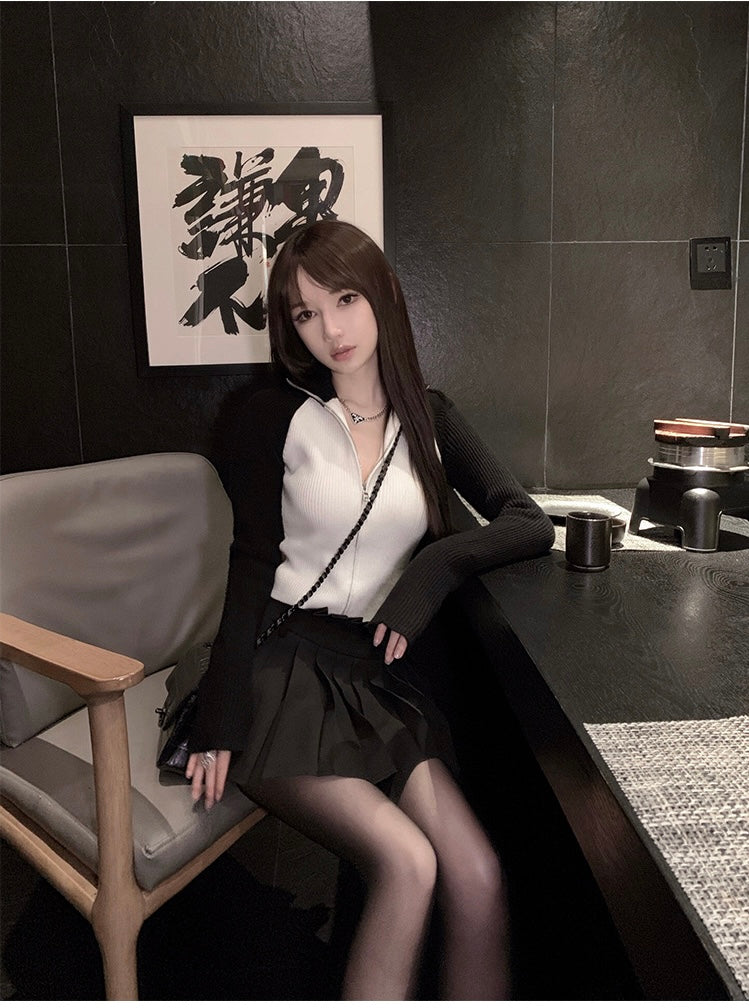 Mon. 小腰精 日常通勤顯瘦女團中腰百摺褲裙 黑/白