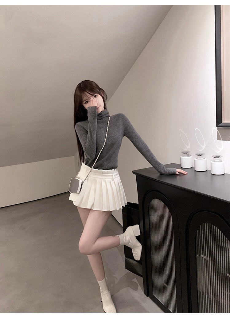 Mon. 小腰精 日常通勤顯瘦女團中腰百摺褲裙 黑/白