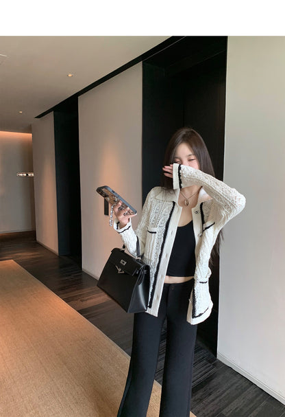 Sun. 王一博同款 鬆弛感小香時髦人的愛拼色針織外套 白