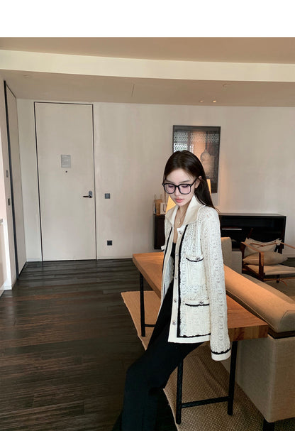 Sun. 王一博同款 鬆弛感小香時髦人的愛拼色針織外套 白