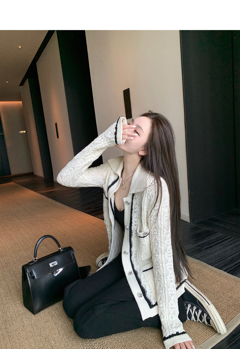 Sun. 王一博同款 鬆弛感小香時髦人的愛拼色針織外套 白