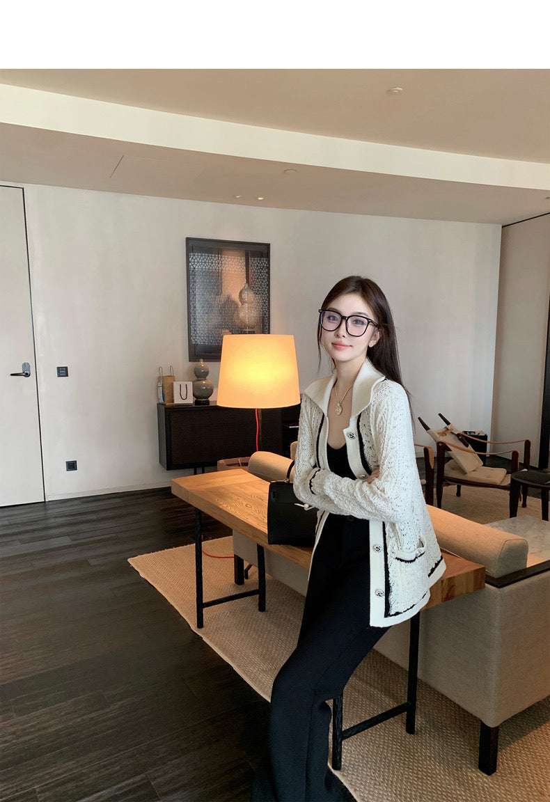 Sun. 王一博同款 鬆弛感小香時髦人的愛拼色針織外套 白