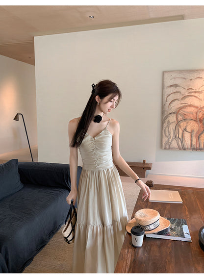 Sun. 美得像畫 氣質輕奢蝴蝶結綁帶v領連身裙 杏