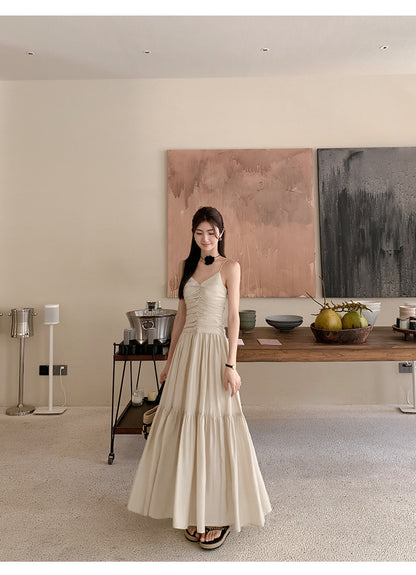 Sun. 美得像畫 氣質輕奢蝴蝶結綁帶v領連身裙 杏