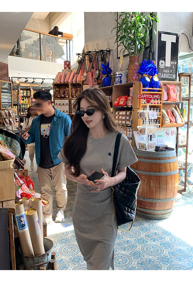 Sun. 里約書店 不規則抓皺反折袖連身裙 淺灰