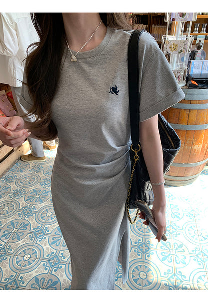 Sun. 里約書店 不規則抓皺反折袖連身裙 淺灰