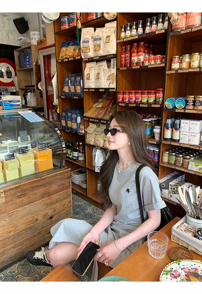 Sun. 里約書店 不規則抓皺反折袖連身裙 淺灰