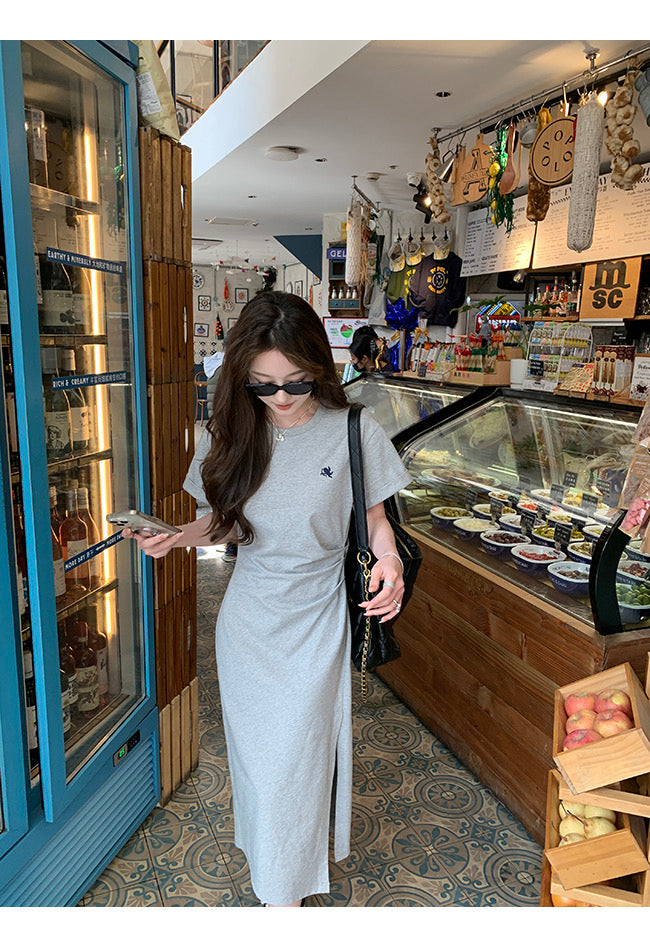 Sun. 里約書店 不規則抓皺反折袖連身裙 淺灰