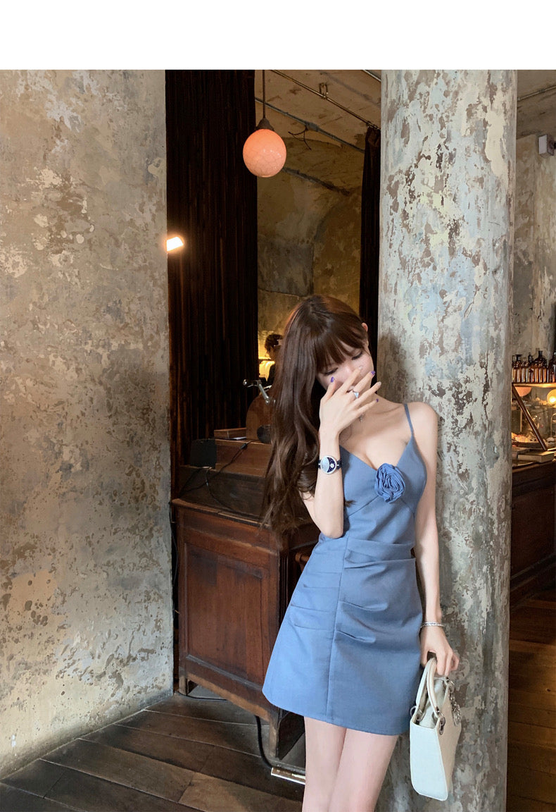 Wed. 氛圍感美女 Du修身v領連身洋裝 藍/紫