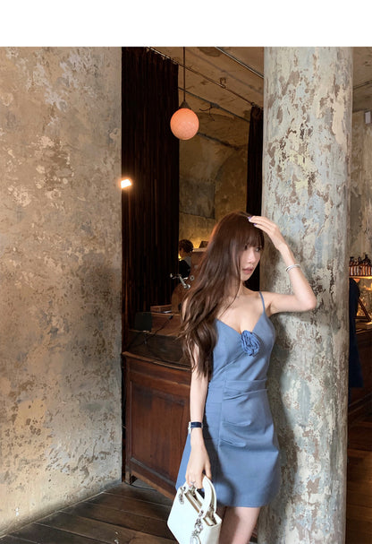 Wed. 氛圍感美女 Du修身v領連身洋裝 藍/紫