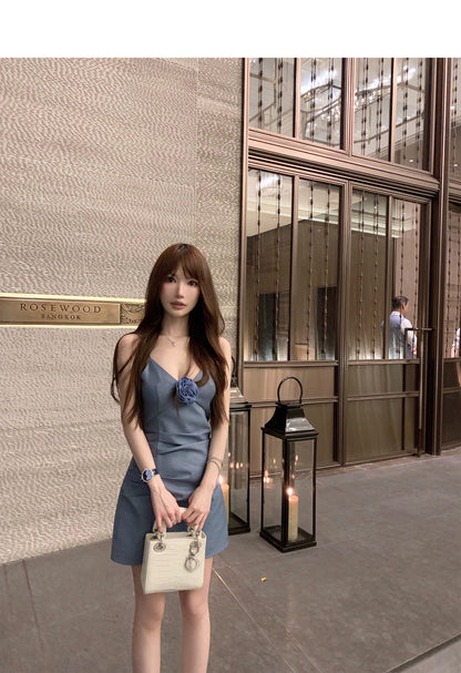 Wed. 氛圍感美女 Du修身v領連身洋裝 藍/紫