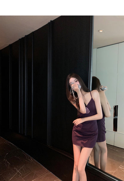 Wed. 氛圍感美女 Du修身v領連身洋裝 藍/紫