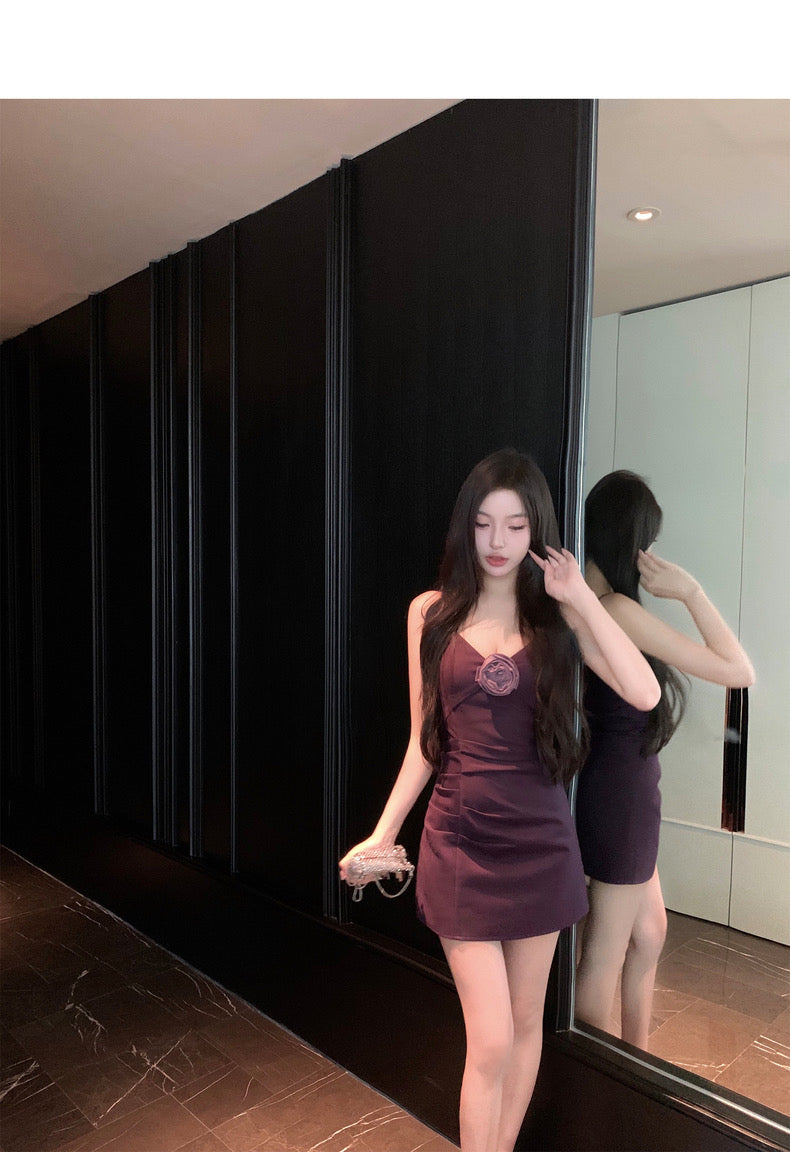 Wed. 氛圍感美女 Du修身v領連身洋裝 藍/紫