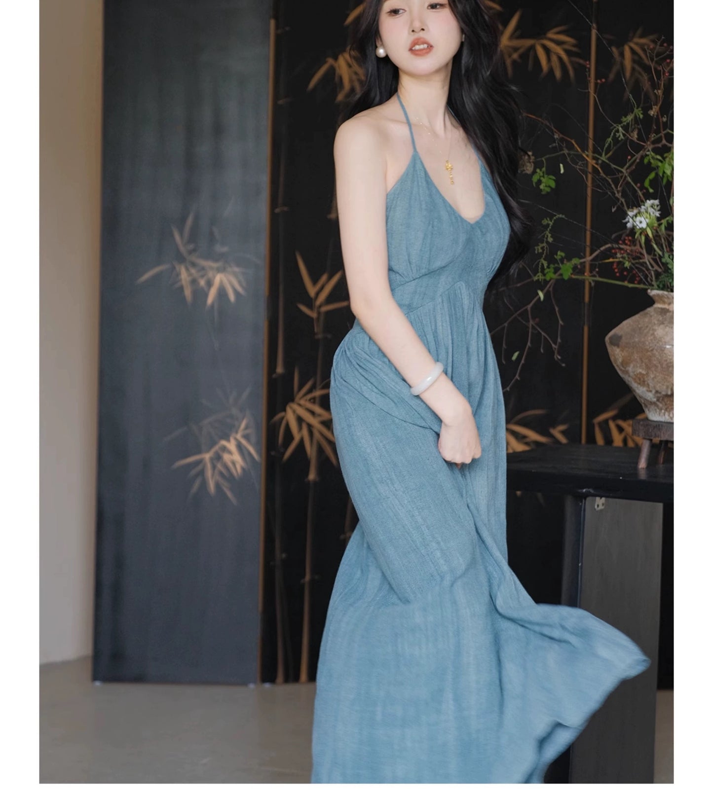 Sun. 天青雨國亞麻天絲法式收腰連身裙