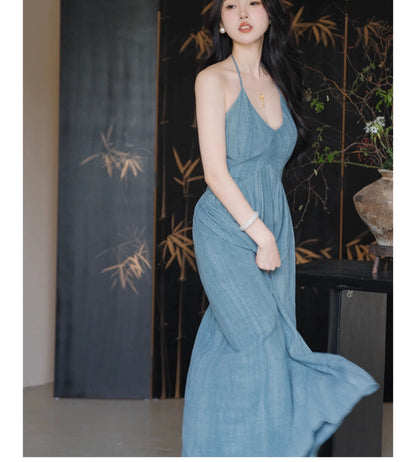 Sun. 天青雨國亞麻天絲法式收腰連身裙