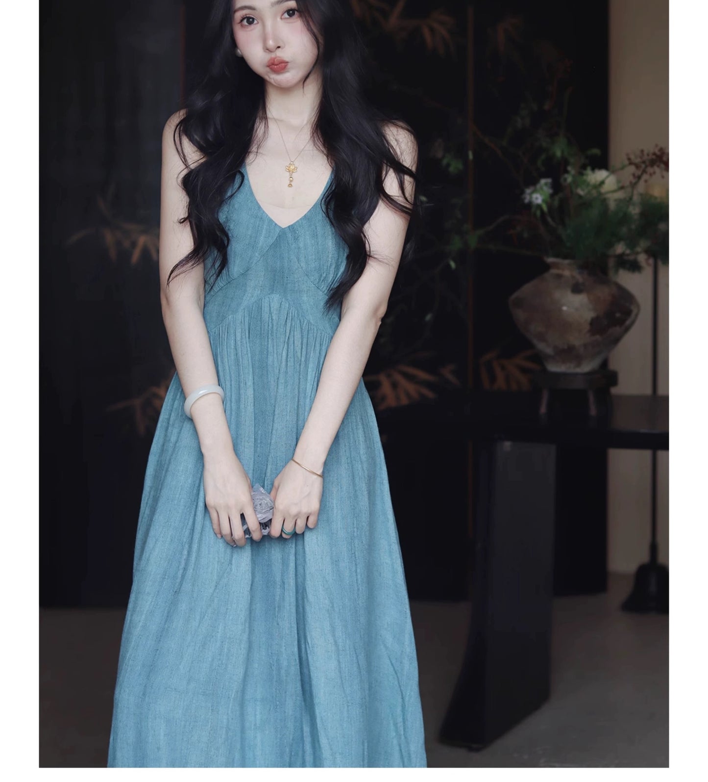 Sun. 天青雨國亞麻天絲法式收腰連身裙