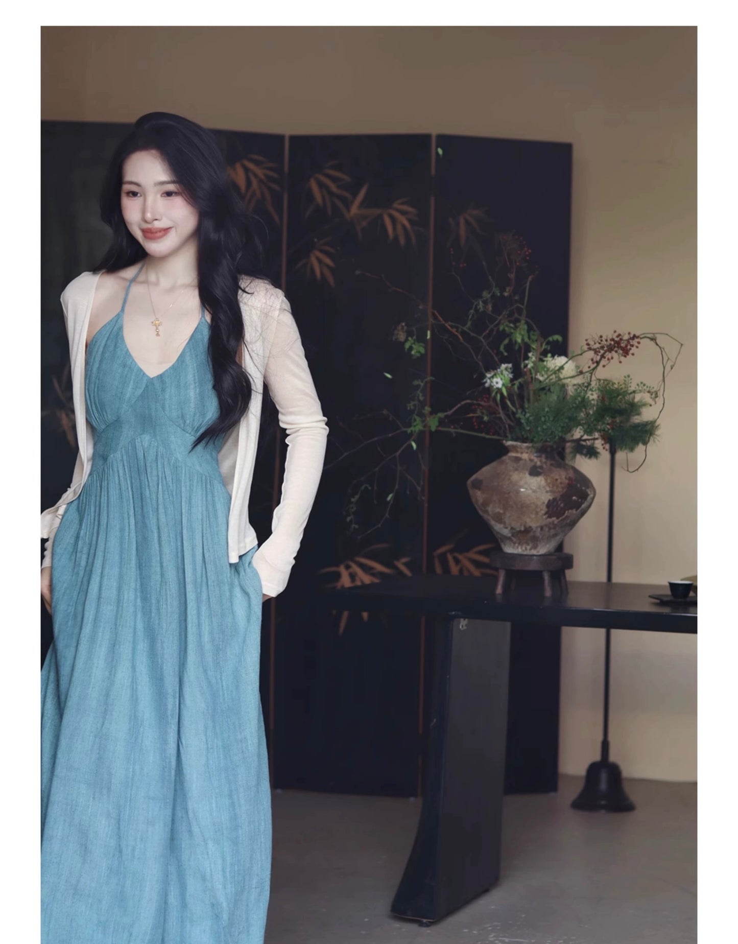 Sun. 天青雨國亞麻天絲法式收腰連身裙