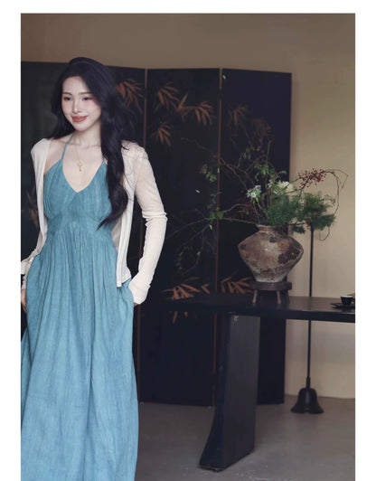 Sun. 天青雨國亞麻天絲法式收腰連身裙