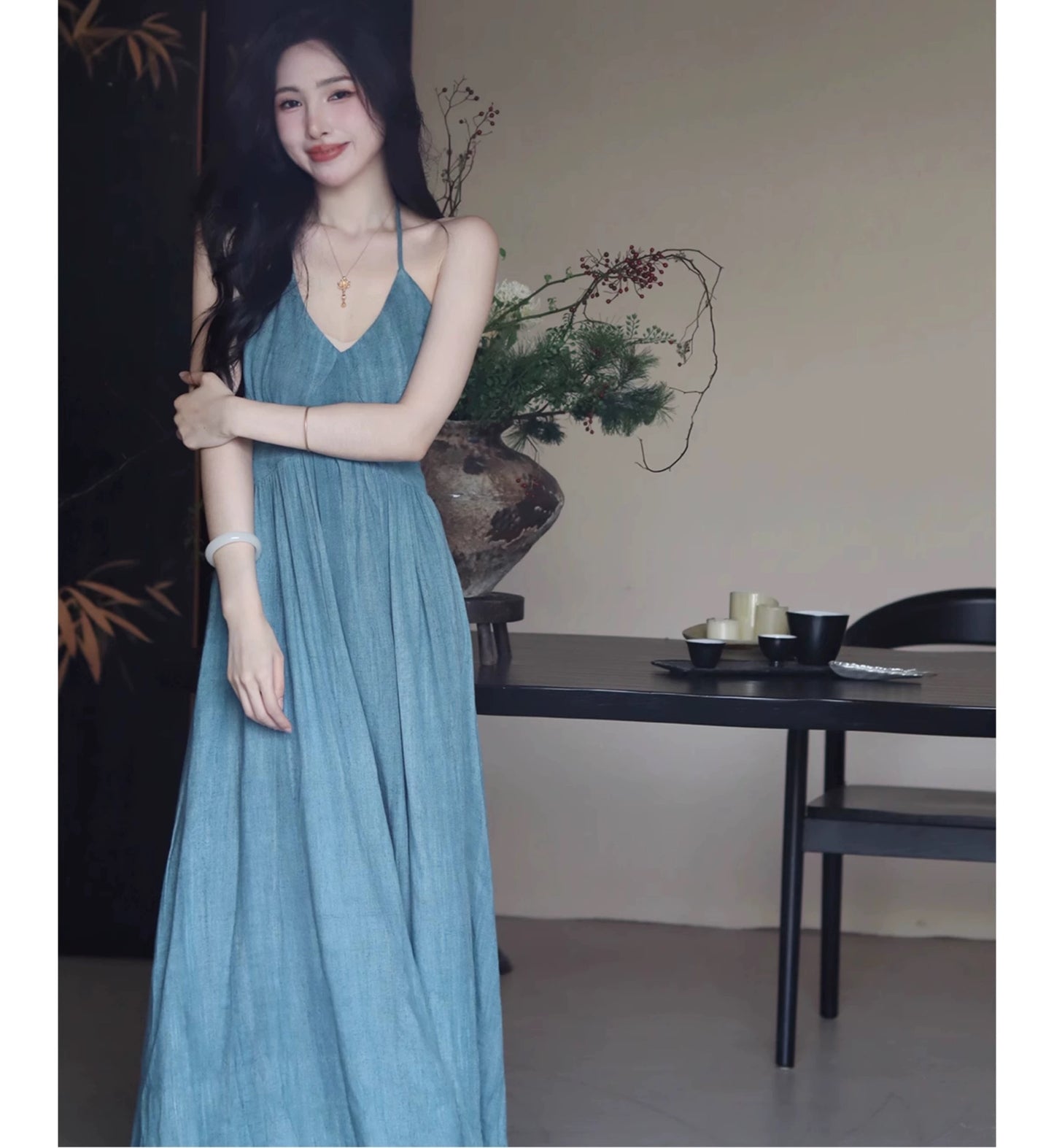 Sun. 天青雨國亞麻天絲法式收腰連身裙