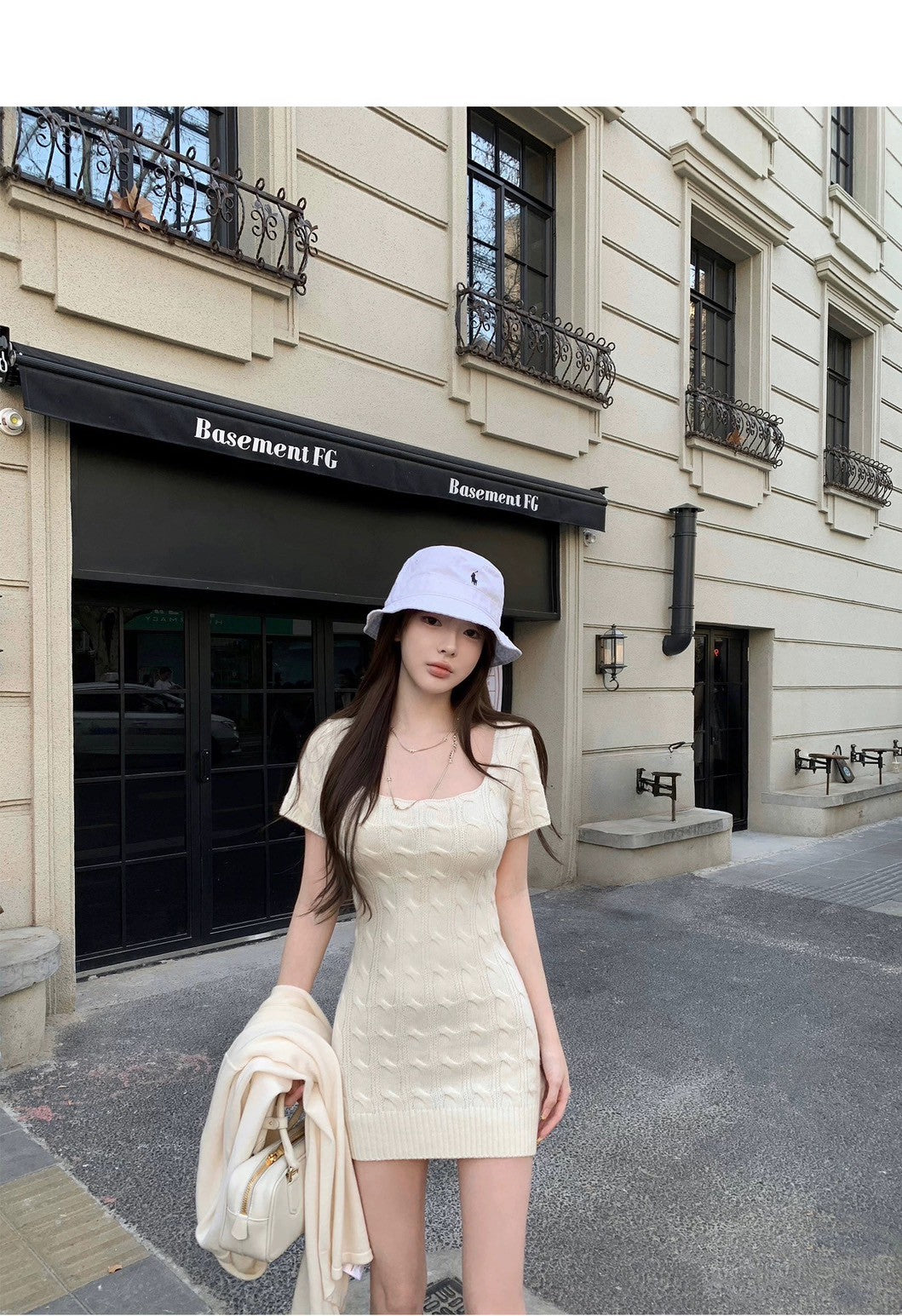 Wed.顯瘦方領清純少女麻花針織包臀裙 白
