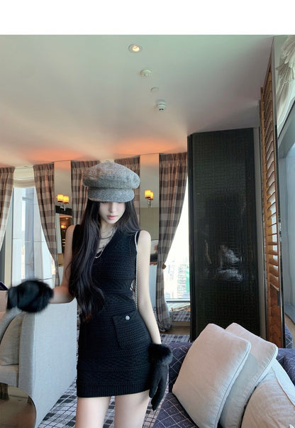 Thu.簡約小香 法式肌理紋V領針織包臀裙 黑