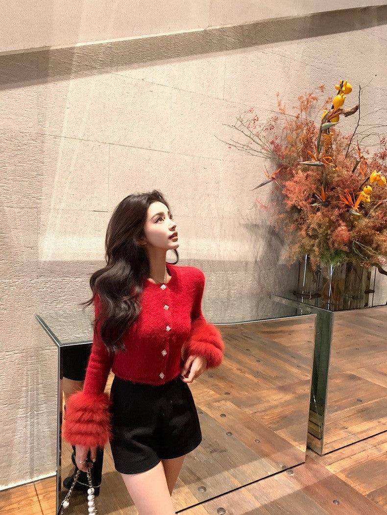 Thu. 矜貴戀人 奢絨羊駝毛 狐狸袖千金針織上衣 紅