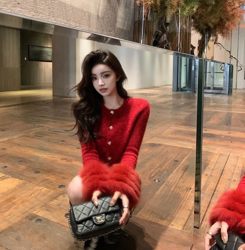 Thu. 矜貴戀人 奢絨羊駝毛 狐狸袖千金針織上衣 紅