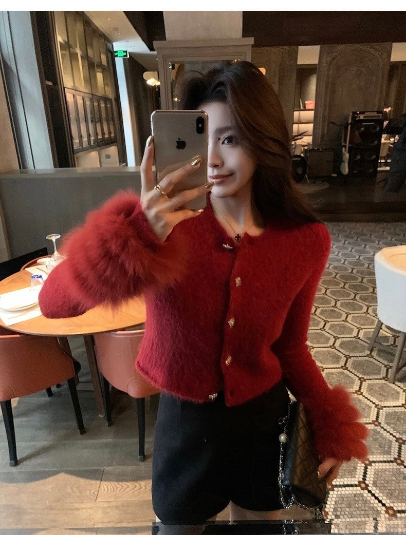 Thu. 矜貴戀人 奢絨羊駝毛 狐狸袖千金針織上衣 紅