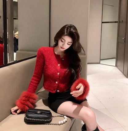 Thu. 矜貴戀人 奢絨羊駝毛 狐狸袖千金針織上衣 紅