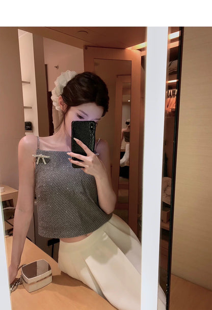 Wed.富家水瓶女 精靈亮絲毛呢蝴蝶結背心 灰銀