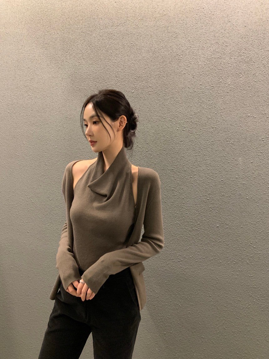 Fri.氣質女人 設計款背心拼接假兩件式長袖上衣 咖/黑
