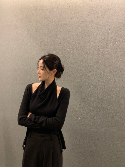 Fri.氣質女人 設計款背心拼接假兩件式長袖上衣 咖/黑