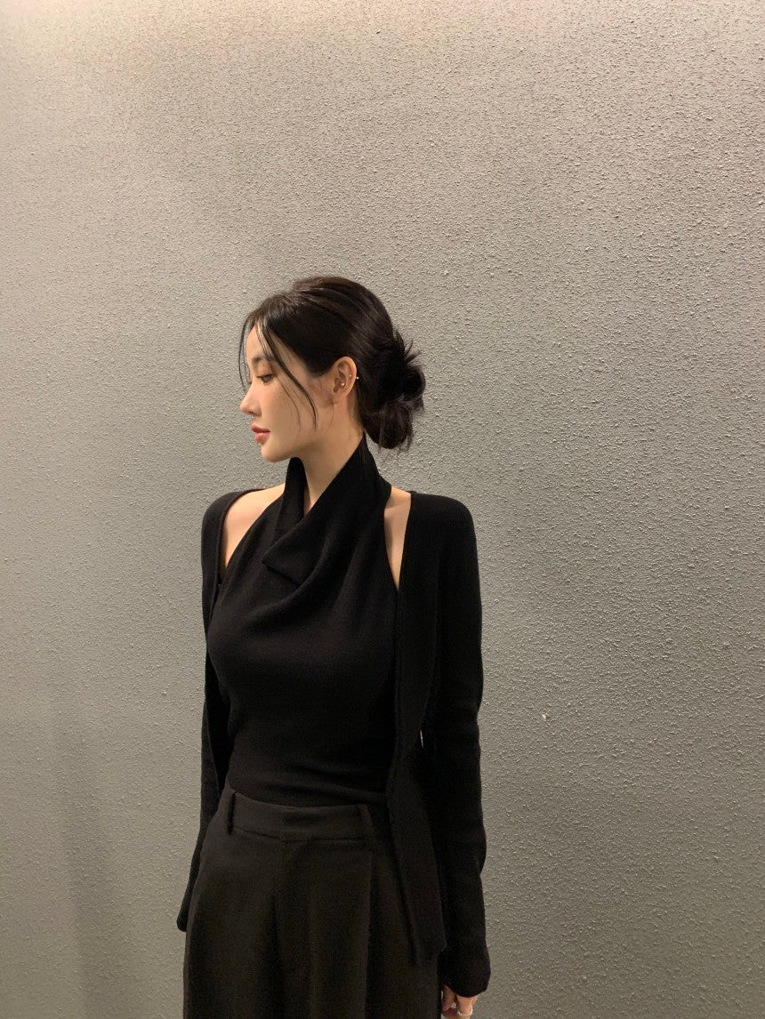 Fri.氣質女人 設計款背心拼接假兩件式長袖上衣 咖/黑