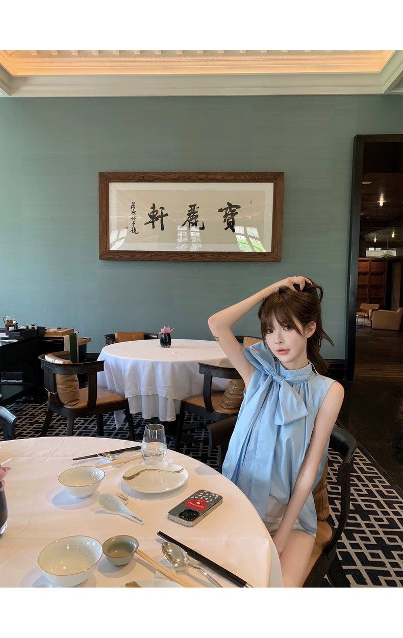 Wed.經典氣質 大蝴蝶結綁領襯衫背心 白/藍