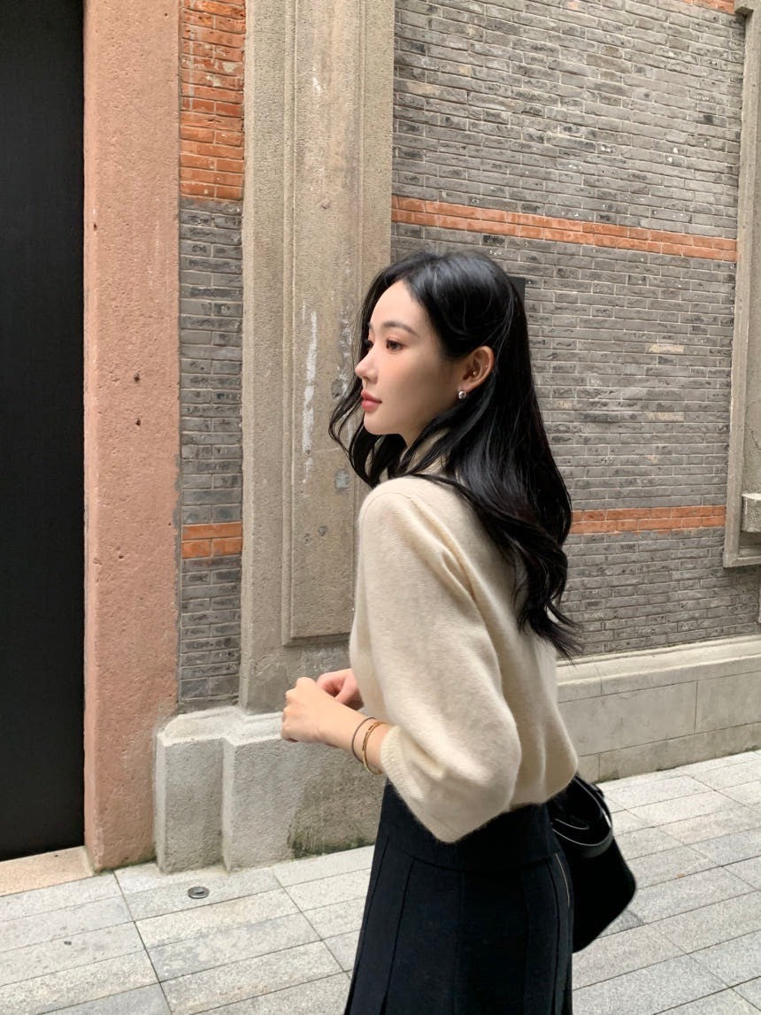Fri.韓國氣質堆堆領 7分袖針織上衣 杏