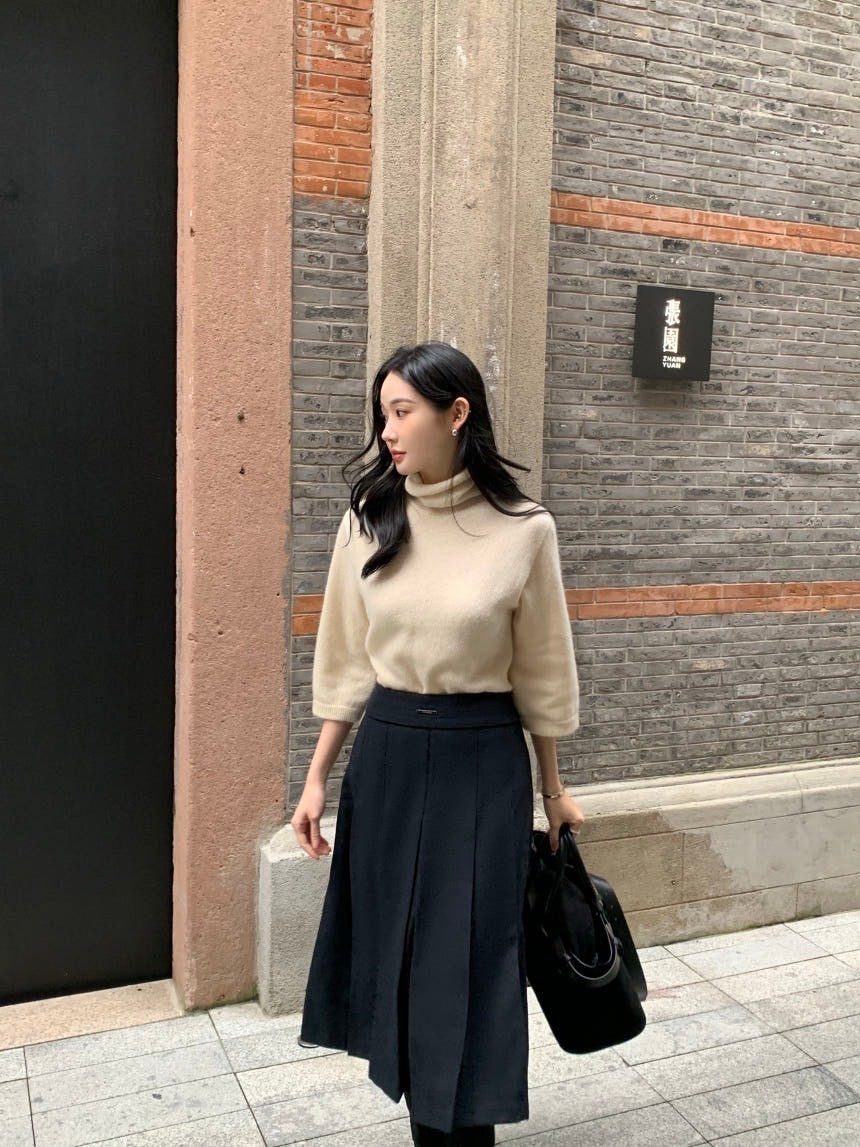 Fri.韓國氣質堆堆領 7分袖針織上衣 杏