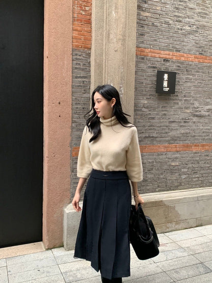 Fri.韓國氣質堆堆領 7分袖針織上衣 杏