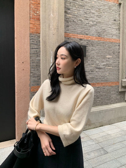 Fri.韓國氣質堆堆領 7分袖針織上衣 杏