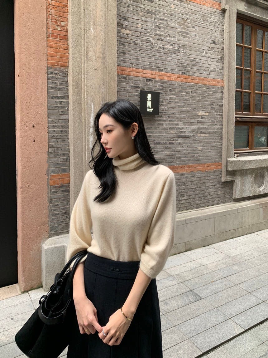Fri.韓國氣質堆堆領 7分袖針織上衣 杏