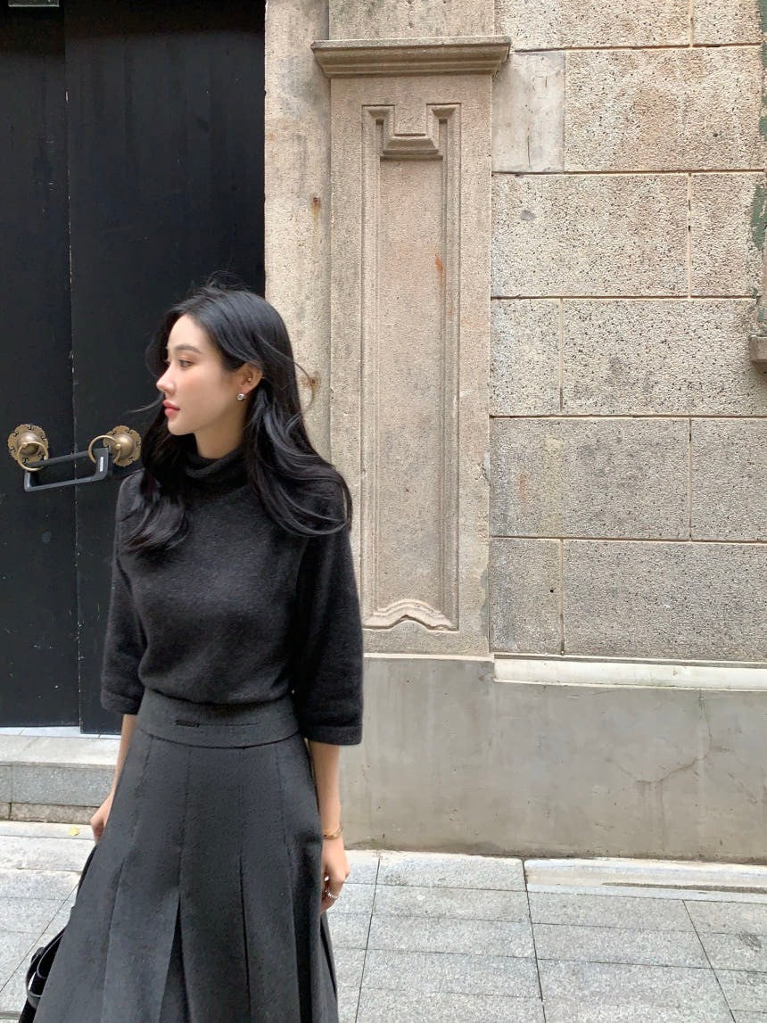 Fri.韓國氣質堆堆領 7分袖針織上衣 灰