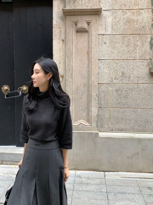 Fri.韓國氣質堆堆領 7分袖針織上衣 灰