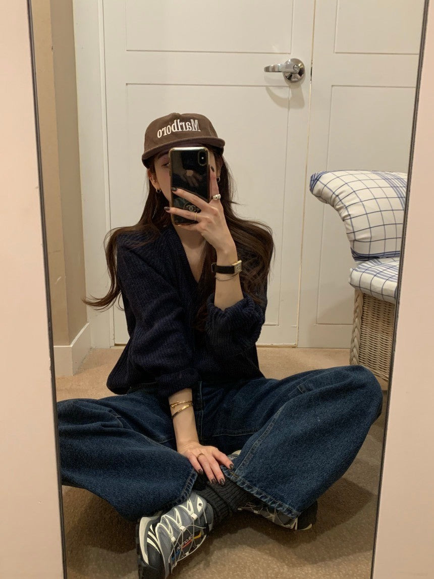 Fri.美式慵懶 粗針V領休閒針織上衣 藏青