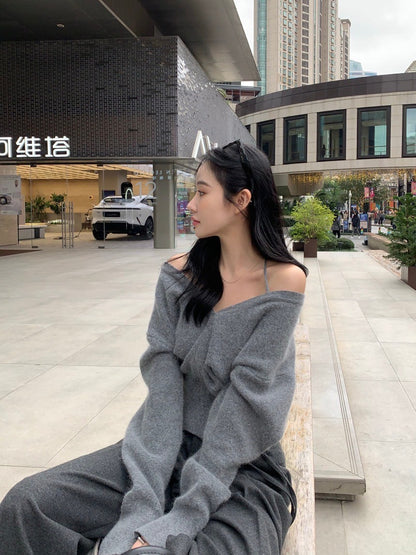 Fri.經典設計款 氣質V領收腰感掛脖針織上衣 灰