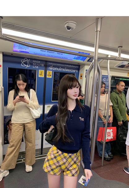 Wed.可愛臘腸小狗 polo領休閒修身針織上衣 藍