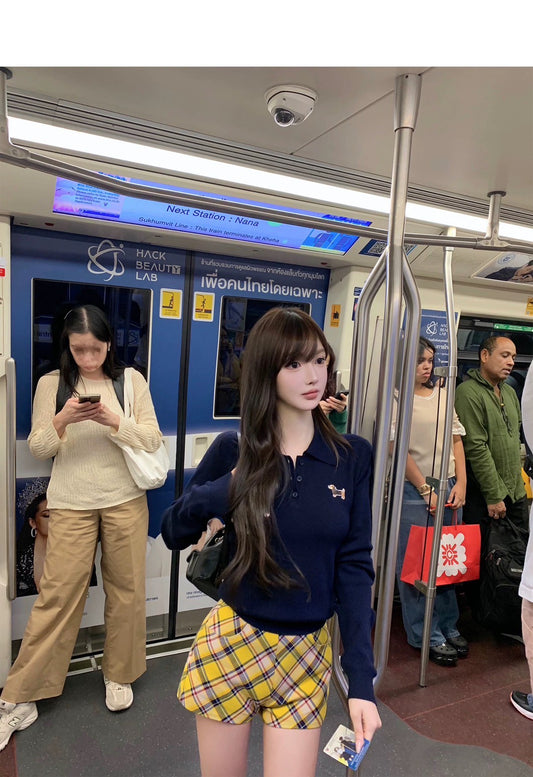 Wed.可愛臘腸小狗 polo領休閒修身針織上衣 藍