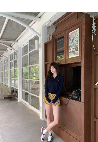 Wed.可愛臘腸小狗 polo領休閒修身針織上衣 藍