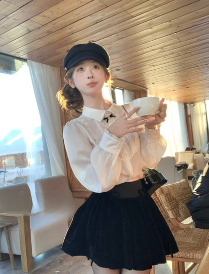 Thu. 強推Bi入 韓女氣質絲絨拼接網紗連身裙 爵士氣質蝴蝶結襯衫