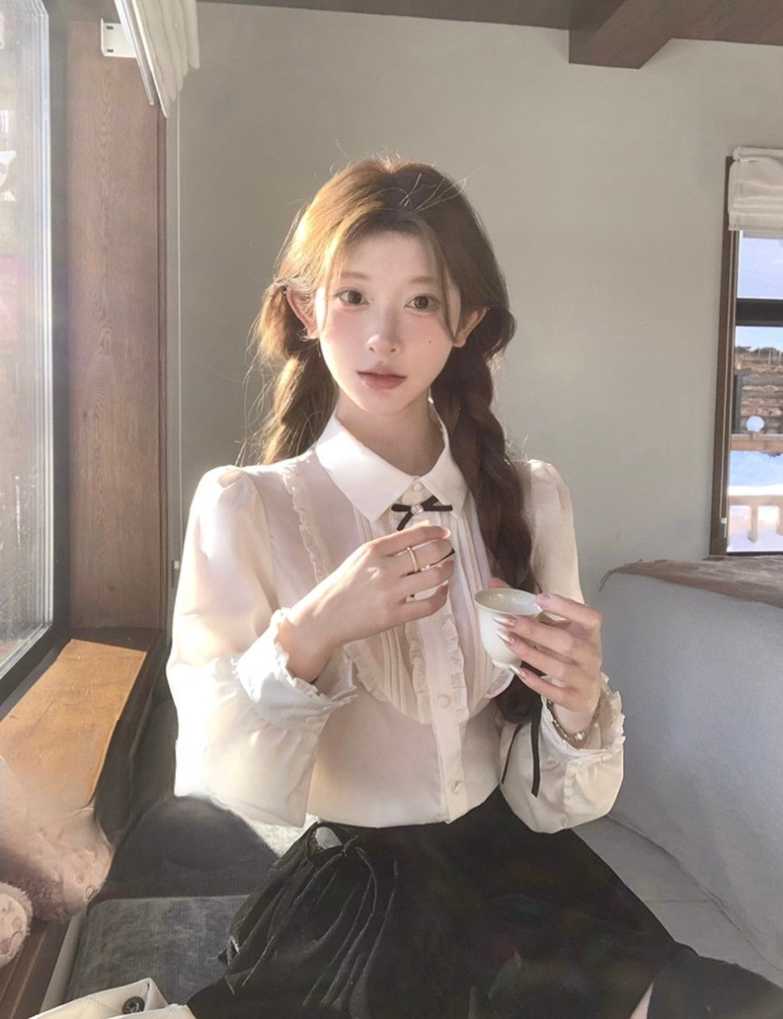 Thu. 強推Bi入 韓女氣質絲絨拼接網紗連身裙 爵士氣質蝴蝶結襯衫