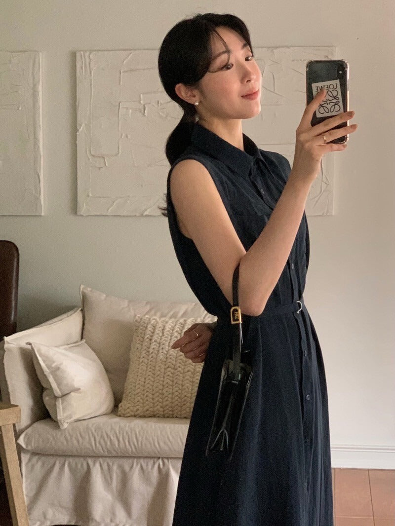 Tue. 通勤氣質繫帶式連身背心裙 藍